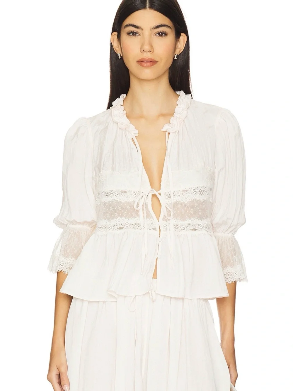 Free People White Lace-Trim Peasant Blouse
